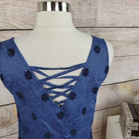 NWT Ecru Bardot Tank Navy Blue‎ Embroidered Eyelet Indigo Small - Picture 3 of 10